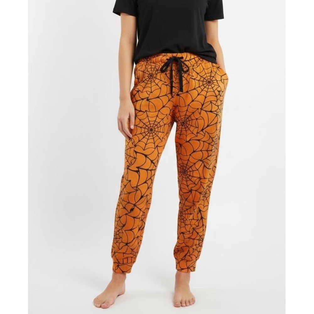 Better Together Orange Black Spiderweb Drawstring Elastic Pajama Pants